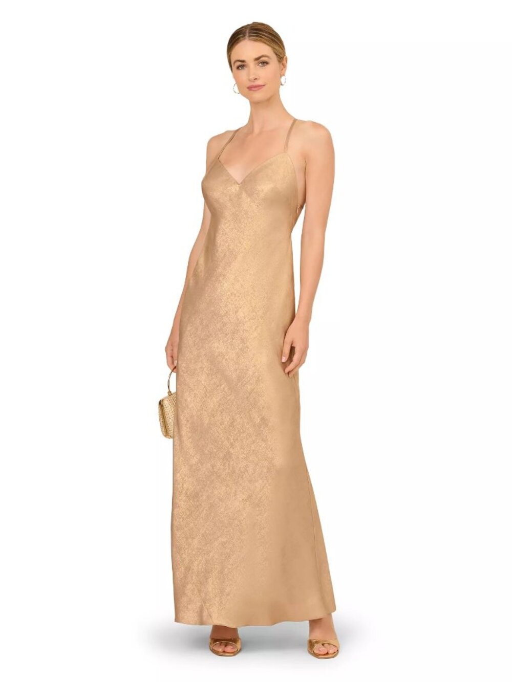 Adrianna Women's Chiffon V-Neck Sleeveless Long A-Line Dress Beige/Gold